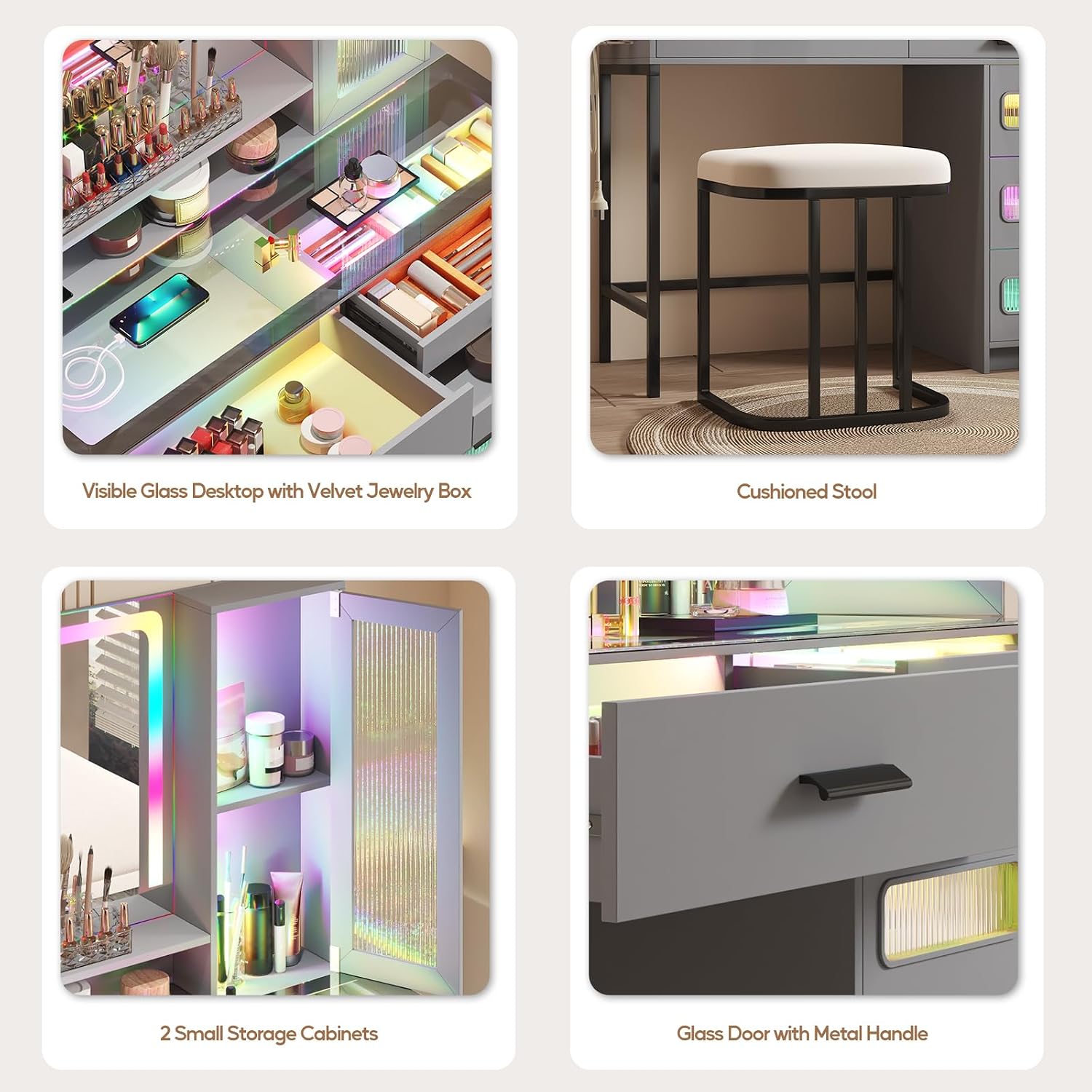 RGB Vanity Desk with Mirror and Lights, Glass Top Makeup Vanity with 6 Drawers & Wireless Charging,Vanity Table Set with RGB Cabinet Light and Jewelry Box, for Girls Bedroom,Grey