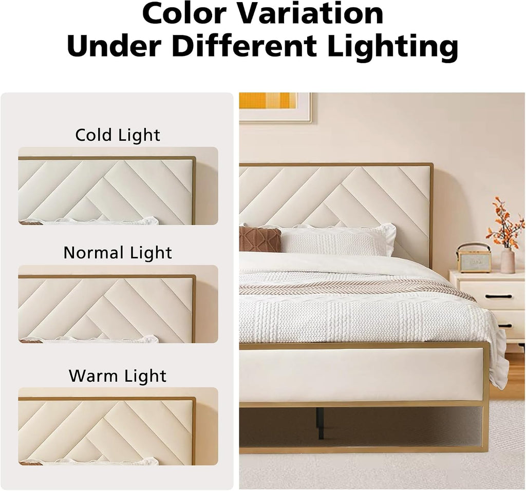 VELOCAVA Full Metal Upholstered Bed with Geometric Headboard, Velvet Platform Bed with 10'' Under Bed Storage Supported by Metal Base and Wooden Slats, No Box Spring Needed, Gold&Cream