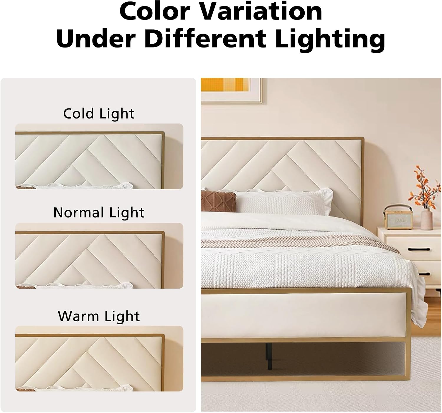 VELOCAVA Full Metal Upholstered Bed with Geometric Headboard, Velvet Platform Bed with 10'' Under Bed Storage Supported by Metal Base and Wooden Slats, No Box Spring Needed, Gold&Cream
