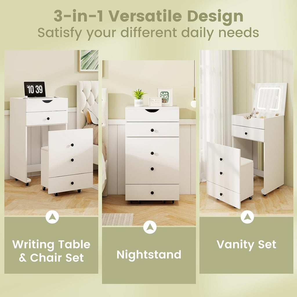 CHARMAID Small Vanity Desk Set, Makeup Vanity Table with Flip-up Lighted Mirror, Storage Bench, 2 Drawers, 8 Wheels, White Girls Dressing Table Nightstand for Small Space Bedroom