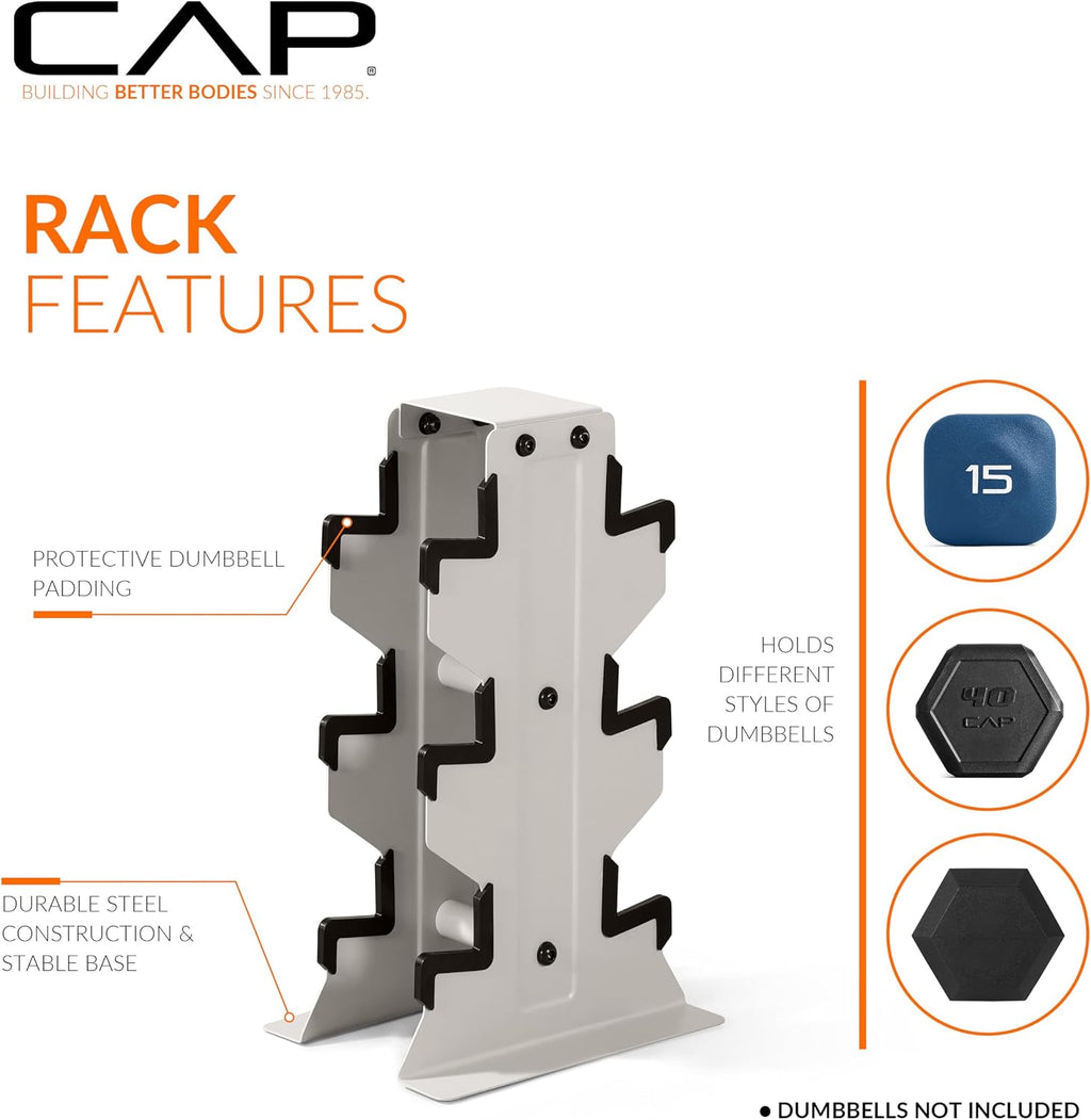 CAP Dumbbell Set with Rack, Rubber Coated Hex Free Weight Set | 100–300 lb Options, Vertical Space-Saving Storage for Home Gym Strength Training