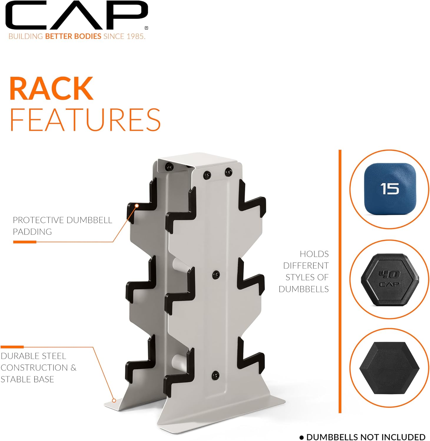 CAP Dumbbell Set with Rack, Rubber Coated Hex Free Weight Set | 100–300 lb Options, Vertical Space-Saving Storage for Home Gym Strength Training