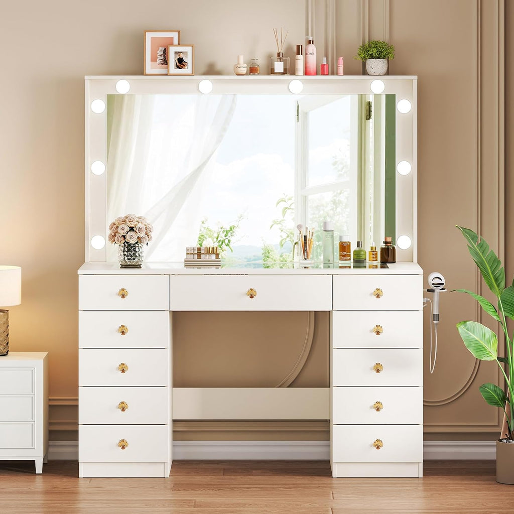 Vanity Desk with Large Mirror and 10 LED Lights, Glassstop Makeup Vanity Desk with 11 Drawers & Power Outlet & Hair Dryer Stand, Dressing Table with Crystal Handles for Girls, Women (White)