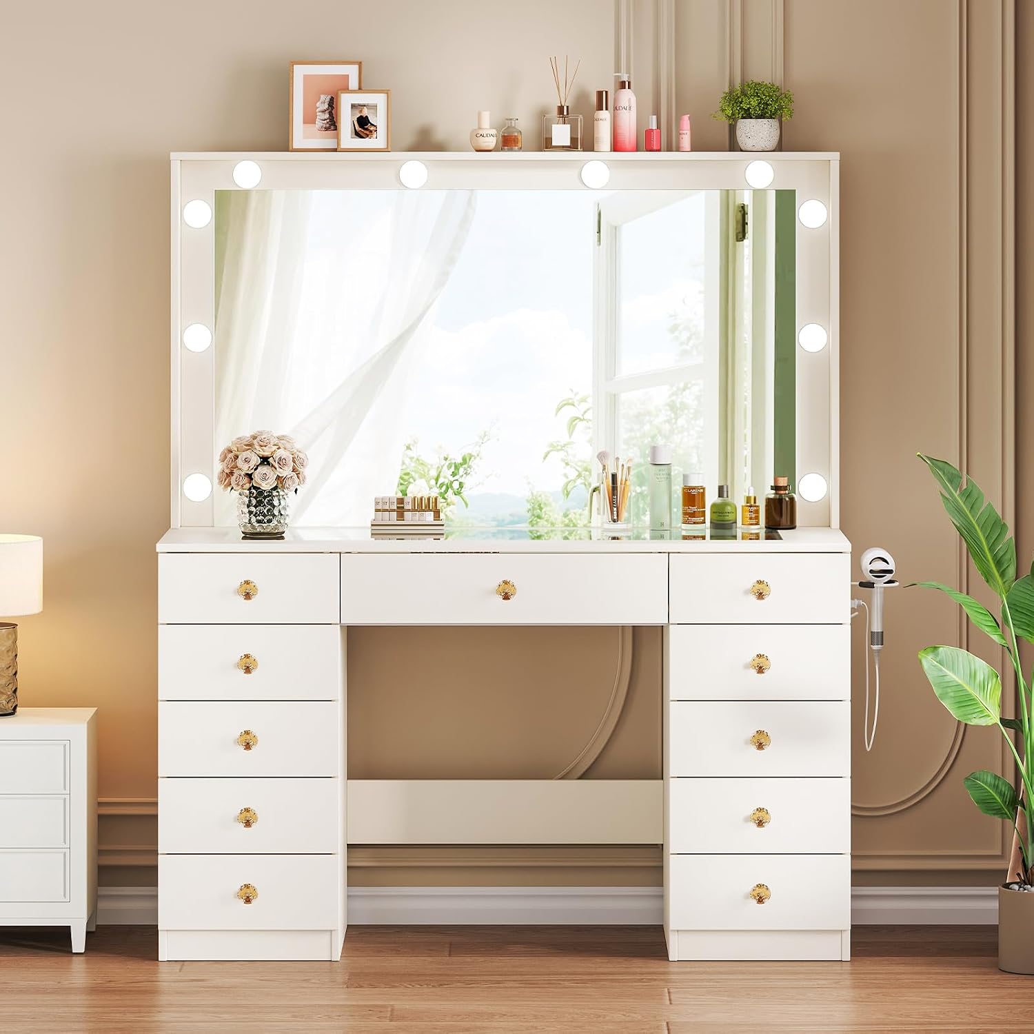 Vanity Desk with Large Mirror and 10 LED Lights, Glassstop Makeup Vanity Desk with 11 Drawers & Power Outlet & Hair Dryer Stand, Dressing Table with Crystal Handles for Girls, Women (White)