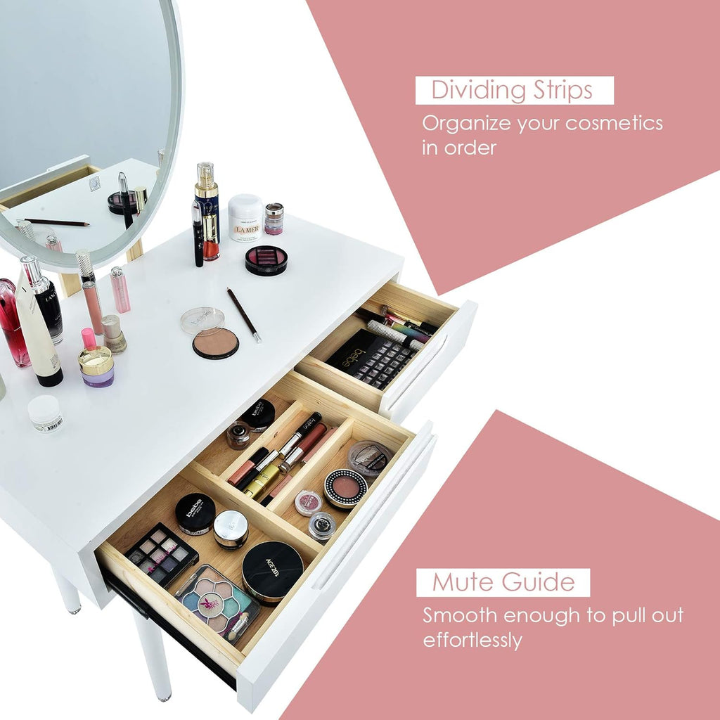 CHARMAID Vanity Set with Lighted Mirror, 3 Modes Adjustable Brightness Mirror, Makeup Dressing Table with Cushioned Stool, 2 Sliding Drawers with Divider, Modern Bedroom Vanity for Girls Women (White)