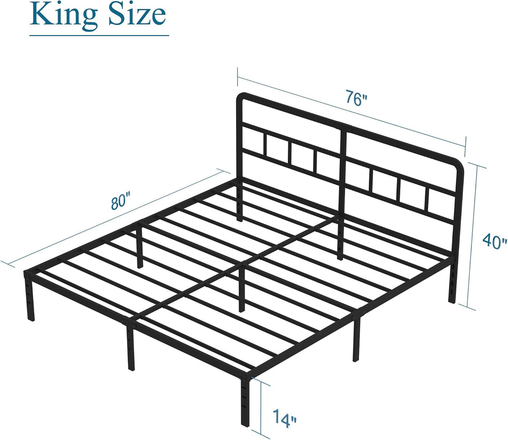 DiaOutro Metal Platform King Bed Frame with Headboard, 14 Inch No Box Spring Needed Heavy Duty Steel Slat Mattress Foundation/Easy Assembly/Noise Free/Black