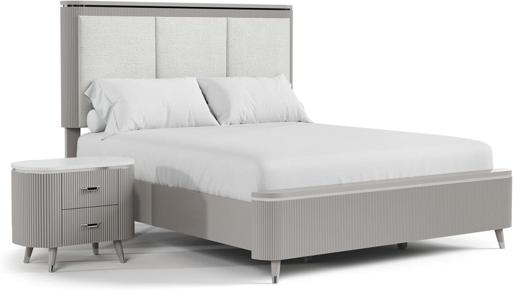 Furniture of America Vito Modern Solid Wood 2-Piece Bedroom Set with Upholstered Bed, Cultered Stone Top, Felt-Lined Top Drawer, Metal Side Glide on Nightstand, Box Spring Required, King, Light Gray