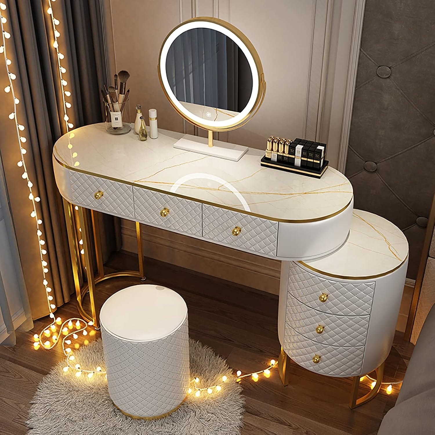 Corner Makeup Table Set Makeup, Women Dresser Table Vanity with 5-6 Drawers, Vanity Dressing Table with 360° Rotating Mirror, Makeup Vanity Benches Vanity Desk ，120cm White Round Stool