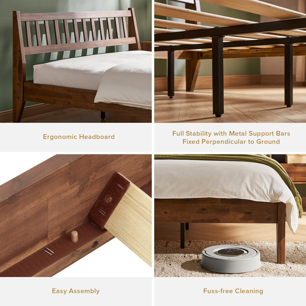 mopio Ted Bed Frame with Headboard, Mid Century Modern Acacia Solid Wood Platform Bed Frame, Wooden Slats, No Box Spring, Double Metal Bar Support (Solid Wood, King (U.S. Standard))
