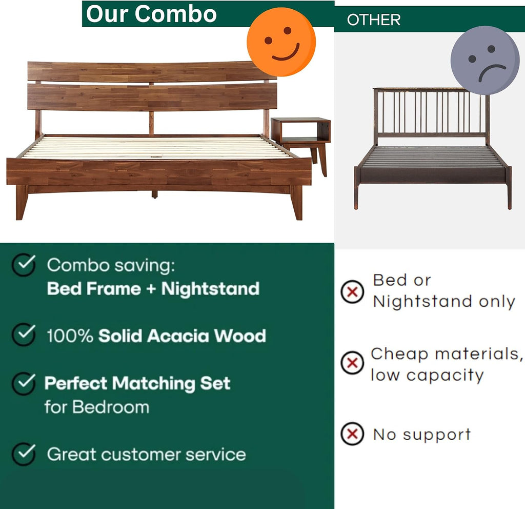 Acacia Aurora King Solid Wood Bed Frame with Headboard – Gift Matching Nightstand Included, Mid-Century Modern Farmhouse, Walnut Finish, 800 lbs Capacity, Sturdy, No Box Spring, Easy Assembly