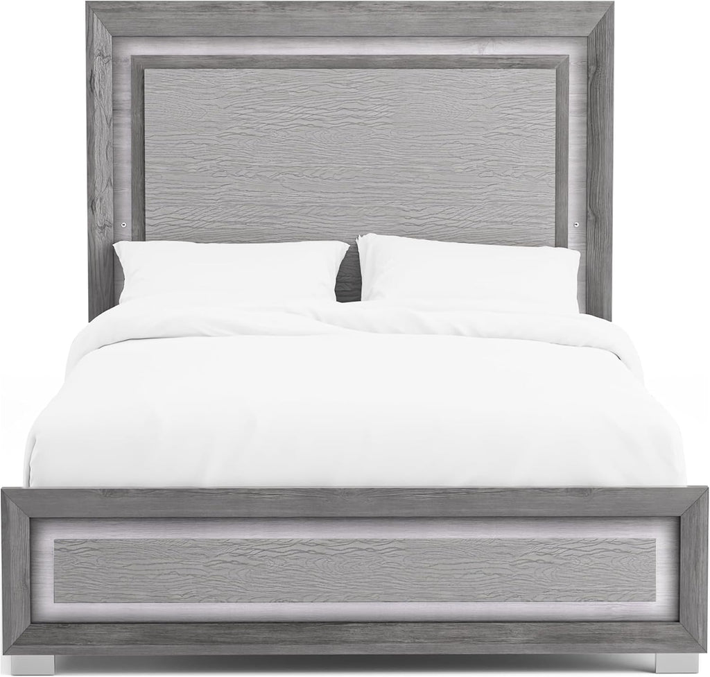 Furniture of America Isadora Transitional Solid Wood 3-Piece Bedroom Set, LED Light Bed and 2 Nightstands with USB Ports for Bedroom, Box Spring Required, Queen, Gray