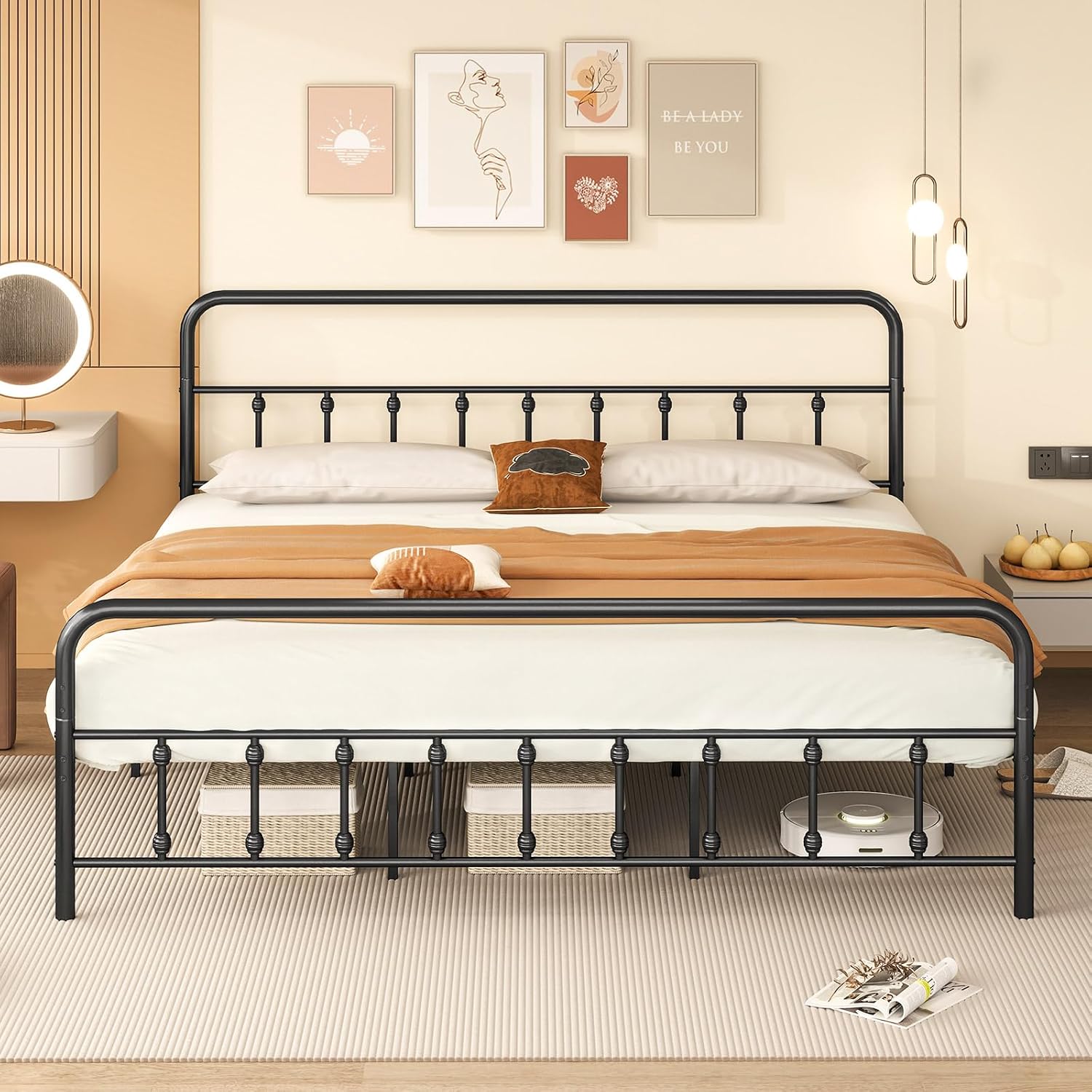 Giantex King Size Metal Platform Bed Frame, Victorian Style King Platform Bed with Headboard & Footboard, Heavy Duty Mattress Foundation, 1100 lbs Capacity, No Box Spring Needed, Noise-Free, Black