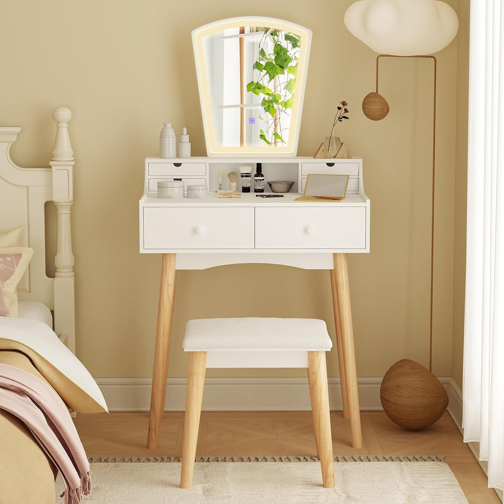 CHARMAID Small Vanity Desk with Mirror and Lights, White Makeup Vanity Desk with 6 Drawers, Adjustable 3 Color Lighting Modes, Compact Girls Bedroom Vanity Dressing Table with Stool for Small Space