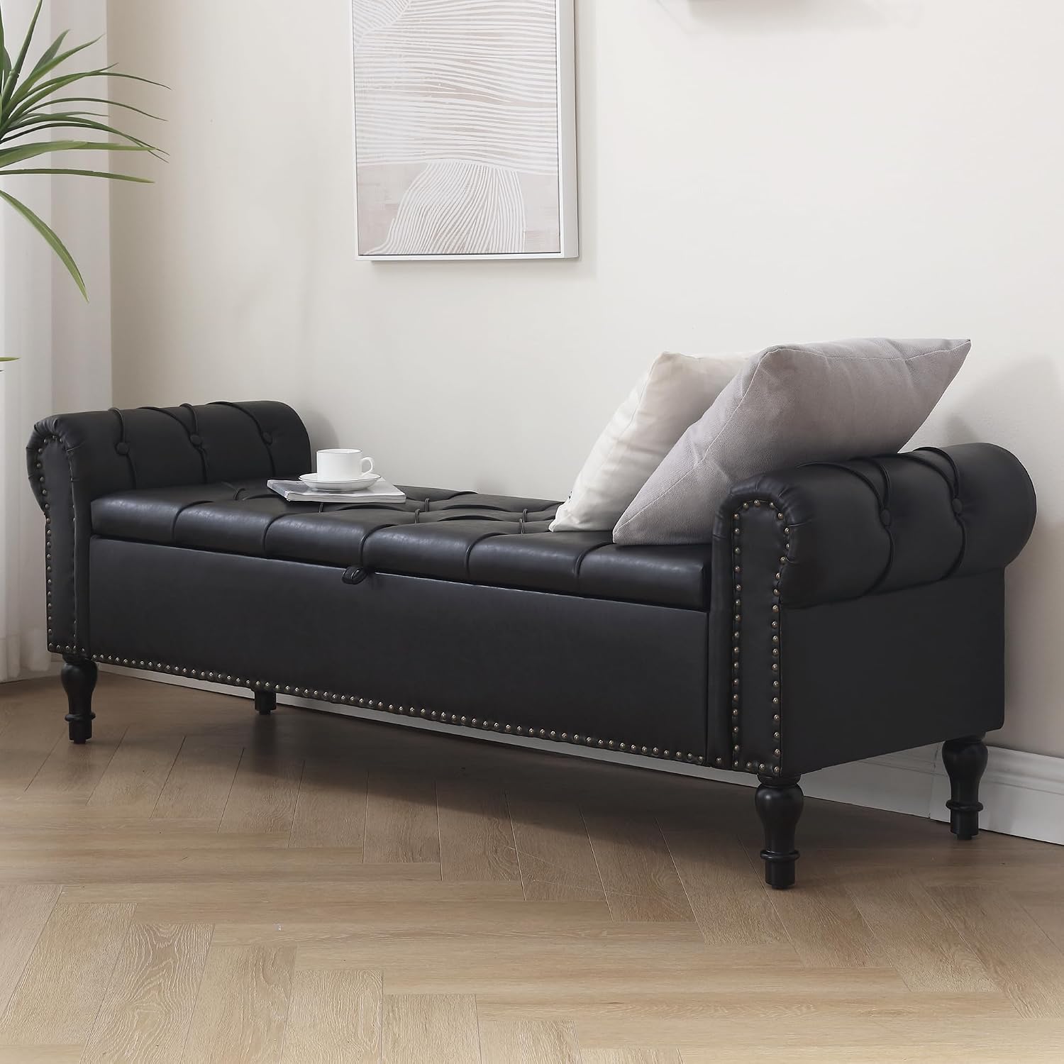 Leather Storage Bench 67 Inch Upholstered Tufted Ottoman Bench with Arms King Size End of Bed Bench for Bedroom Living Room Entryway Black