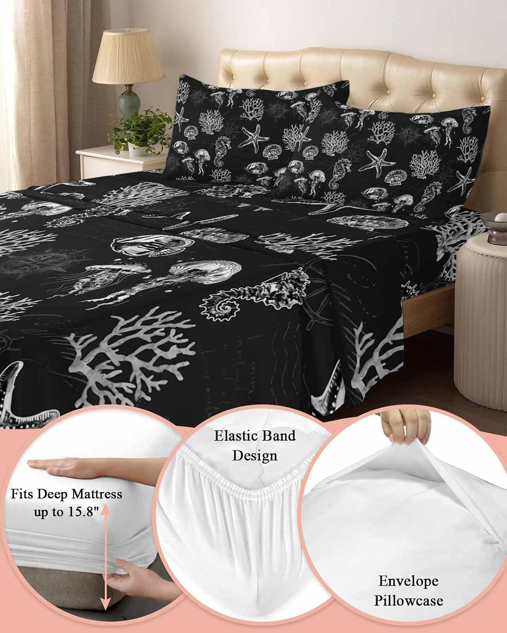 Black Coastal Cal King Sheet Set 4 Piece Bedding - Nautical Starfish Jellyfish Seahorse Breathable Comfy Cooling Bed Sheets & Pillowcase Sets,Hotel Luxury Flat Sheets Deep Pockets Fitted Sheet