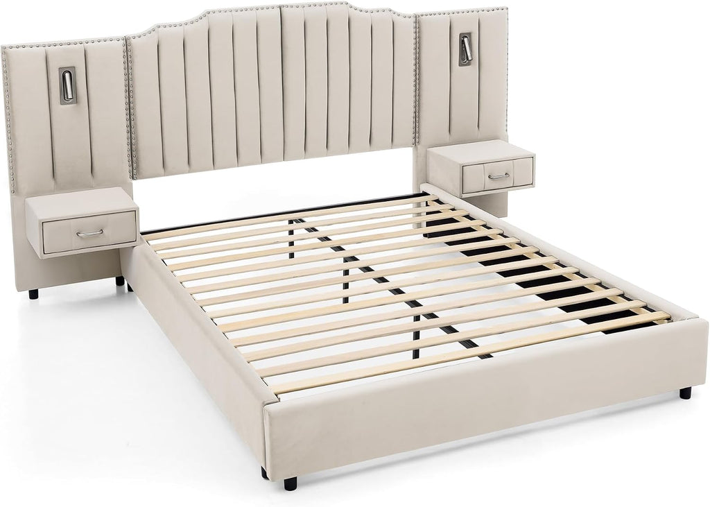 Velvet Upholstered Queen Size Platform Bed Frame with 48' Tall Headboard, Built-in Nightstands & Storage Drawers, No Box Spring Needed, Modern Beige Bedroom Furniture Set