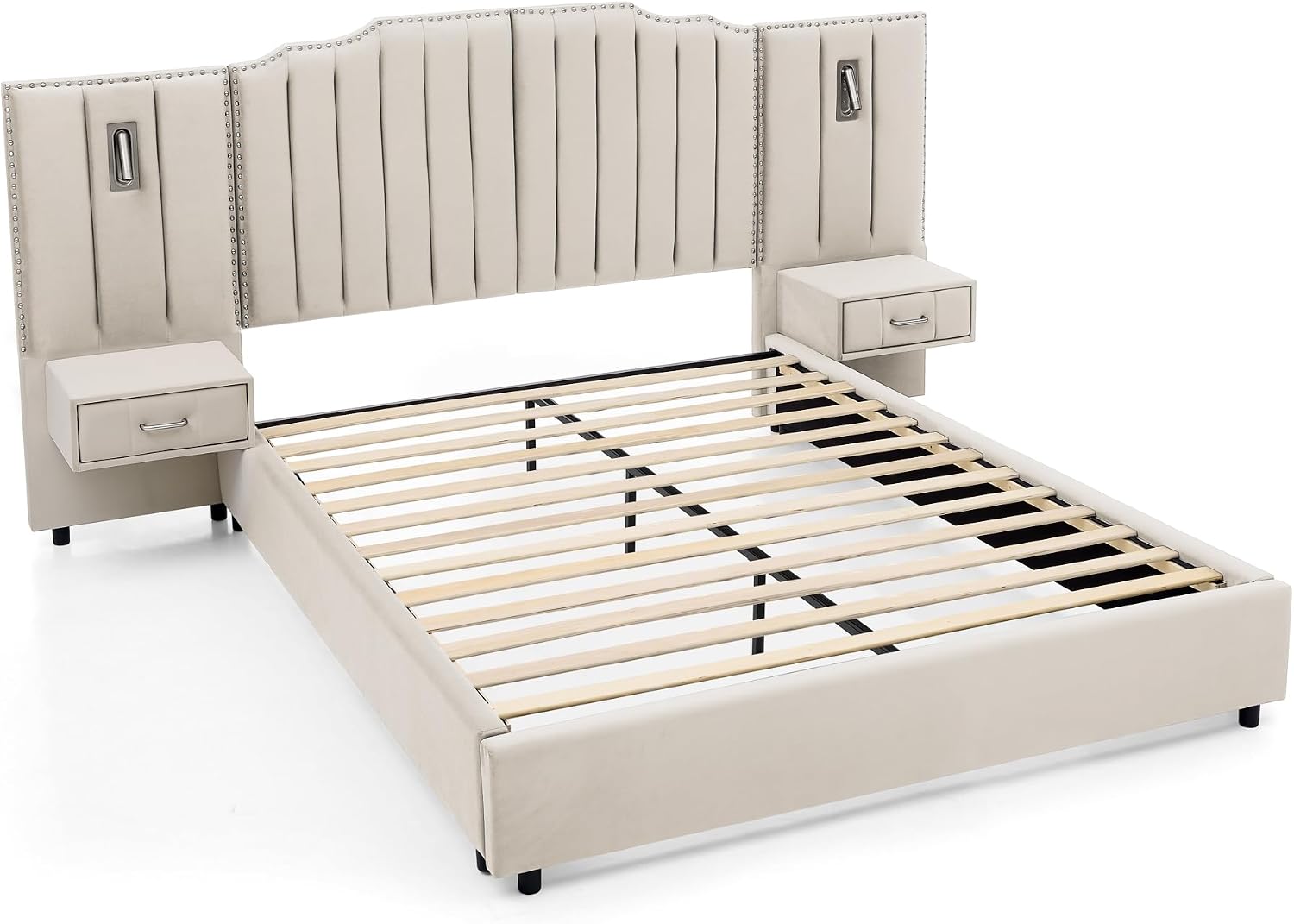 Velvet Upholstered Queen Size Platform Bed Frame with 48' Tall Headboard, Built-in Nightstands & Storage Drawers, No Box Spring Needed, Modern Beige Bedroom Furniture Set
