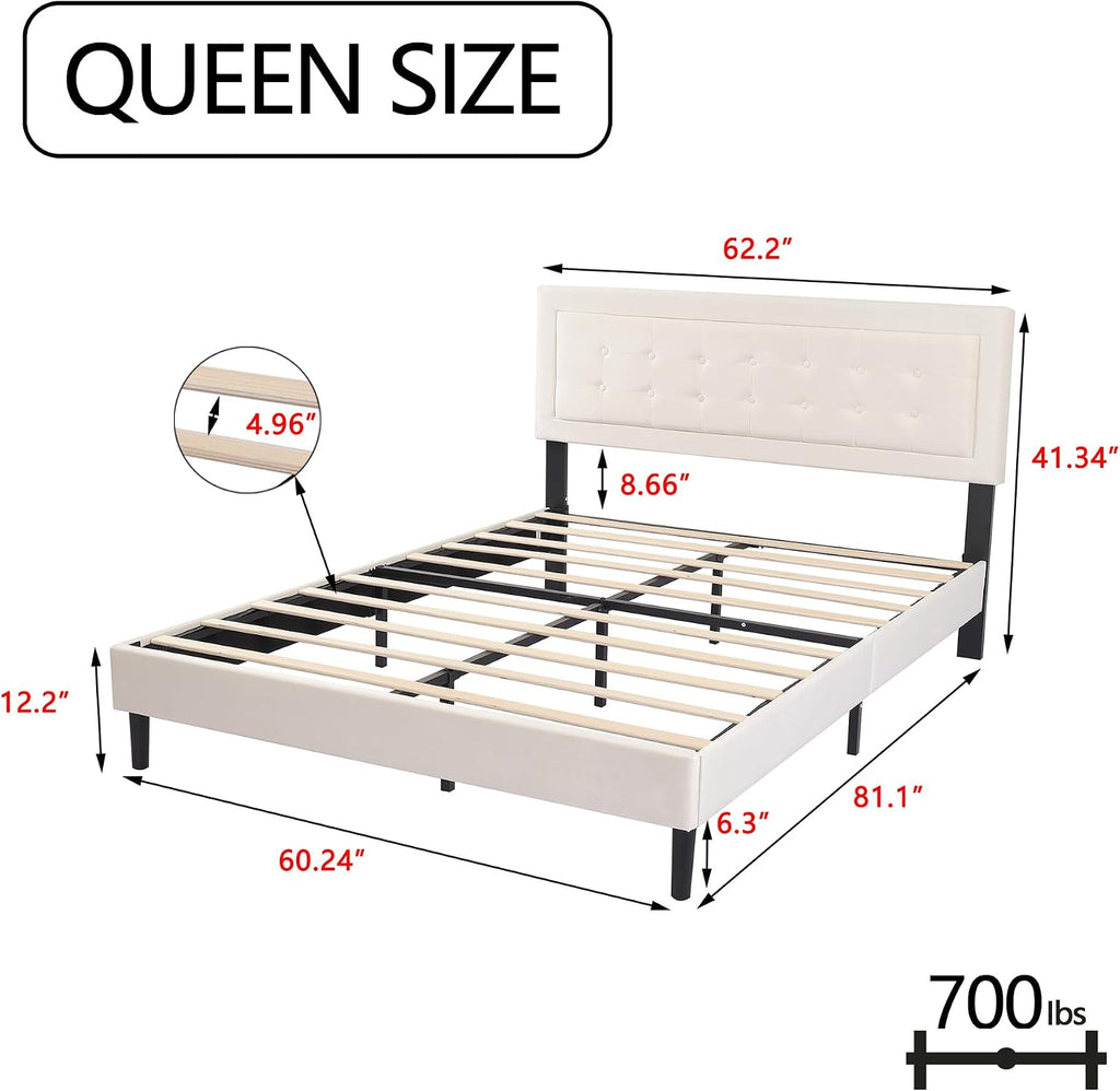 alazyhome Queen Size Beige Modern Upholstered Platform Bed Frame with Button Tufting Headboard Solid Wood Slats Support No Box Spring Needed Easy Assembly