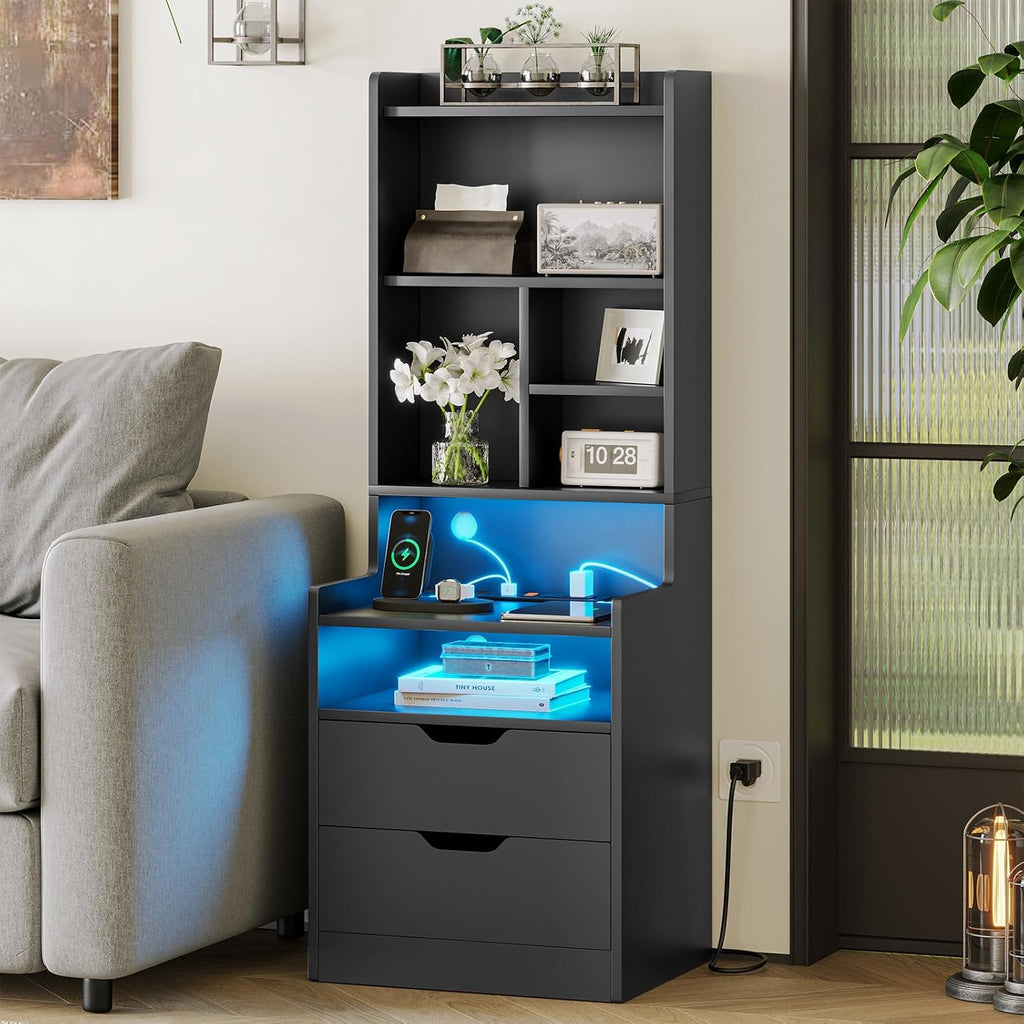 ADORNEVE Charging Nightstand Set of 2 with LED Lights,Tall Night Stand with Bookshelf,Bedside Table with Drawers,Black Side Tables Bedroom