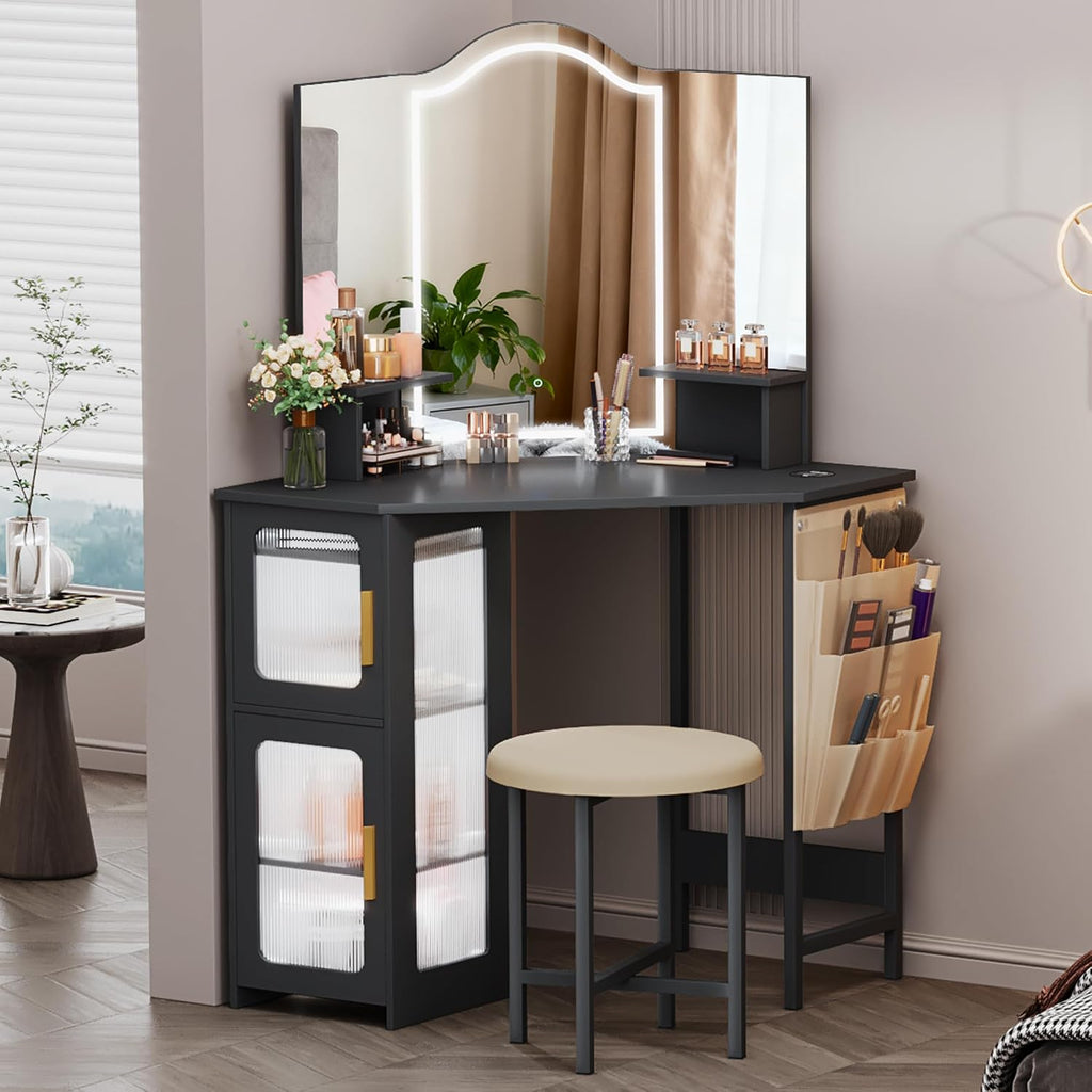 LVSOMT Corner Vanity Desk with Mirror and Lights, Makeup Vanity with Charging Station, Dressing Table with 3 Lighting Options, Vanity Set with Stool, Women's Vanity for Bedroom, Black