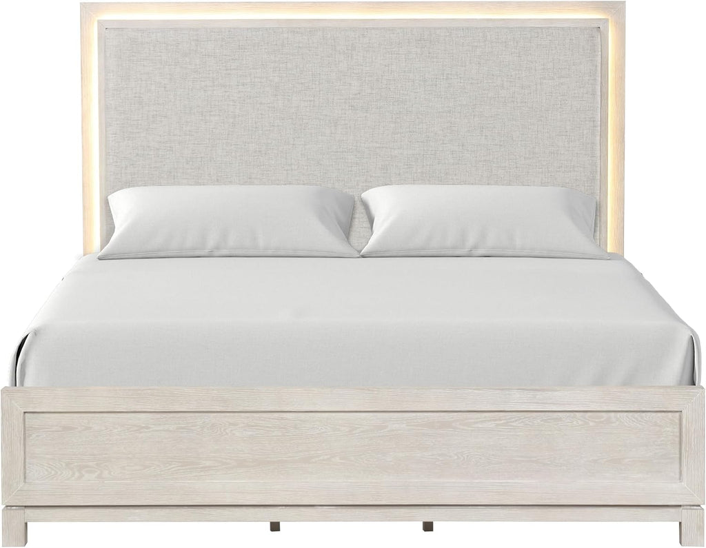 Furniture of America Bailer Modern Solid Wood 3-Piece Bedroom Set with LED on Headboard, Stainless Steal Posts and Marble Top on Nightstand, Box Spring Needed, King, Weathered Gray