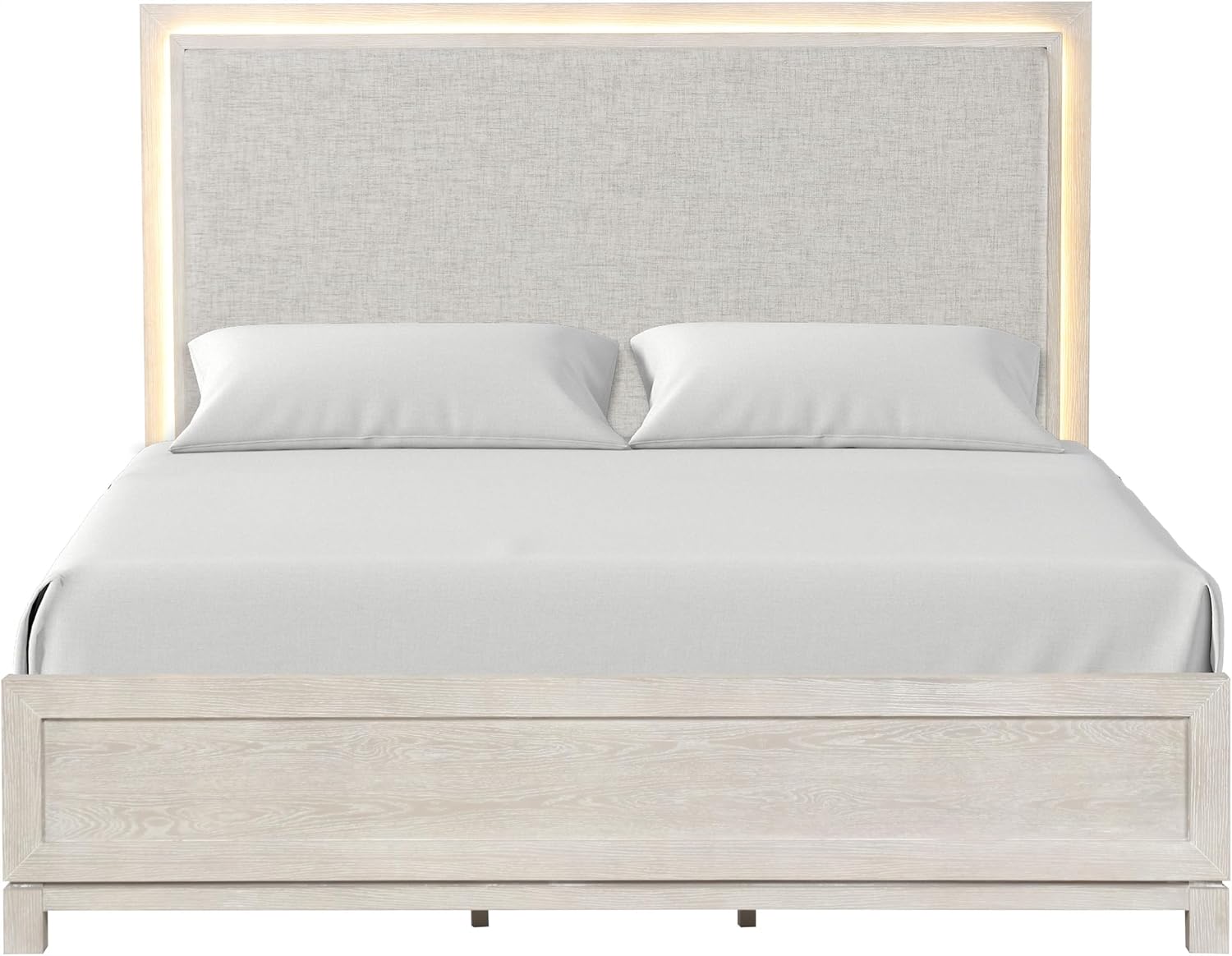 Furniture of America Bailer Modern Solid Wood 3-Piece Bedroom Set with LED on Headboard, Stainless Steal Posts and Marble Top on Nightstand, Box Spring Needed, King, Weathered Gray