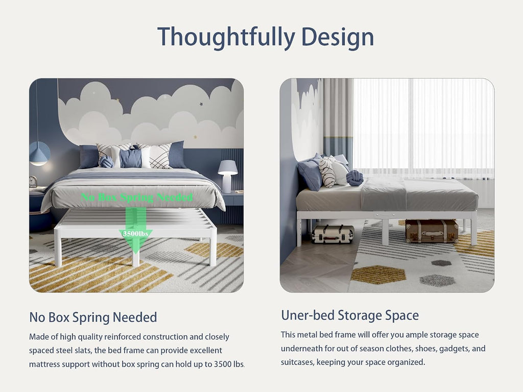 White Full Size Bed Frame 12 Inch, Metal Full Bed Frame No Box Spring Needed, Heavy Duty Steel Support 3500 LBS, DIY Headboard, Noiseless, Round Corner Legs, Storage Space, Easy Assembly