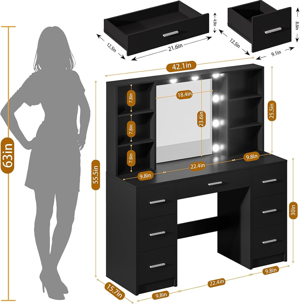 Black Vanity Desk with Mirror and Lights, 3 Lighting Modes Brightness Adjustable, Makeup Vanity Table with 7 Drawers, 6 Shelves and Power Outlet, Girls Vanity, Dressing Table for Bedroom