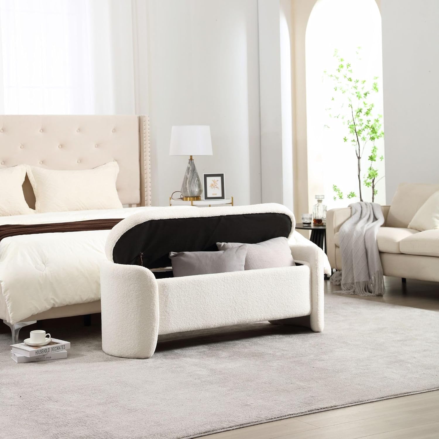ROCTY White Boucle Storage Bench - 50' Sherpa Ottoman Bench for Bedroom, Entryway, Living Room & Vanity - Teddy Fabric with Storage & Seating