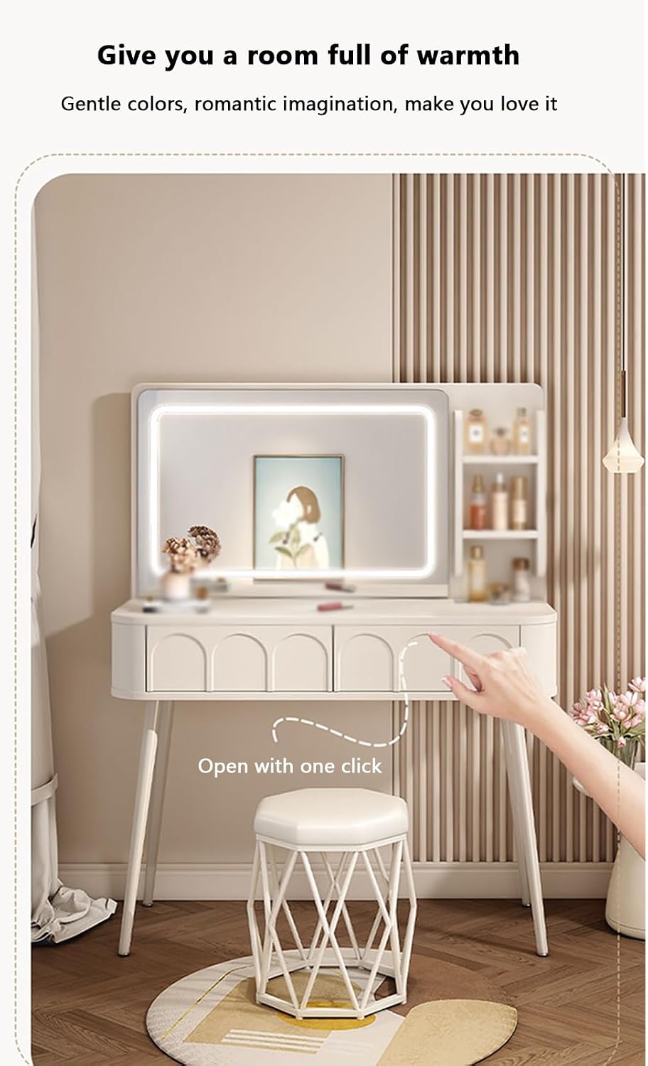 White Vanity with Lighted Mirror Vanity Desk with Lights Small Vanity Desk Smart Makeup Mirror Reasonable partition Rounded Corner Design Large Storage Capacity Suitable,A-60 * 40 * 77.5 cm