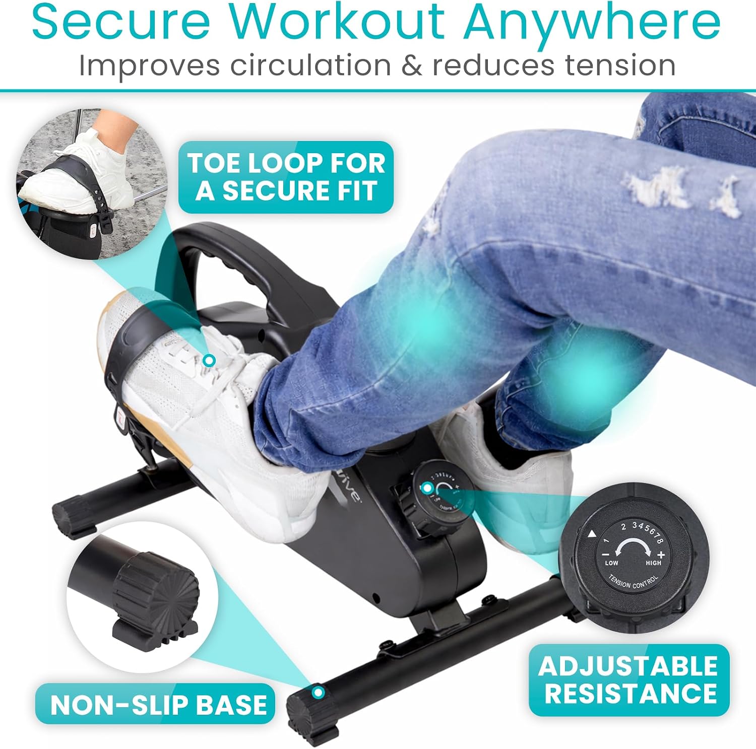 Vive Under Desk Bike Pedal Exerciser - Stationary Exercise Leg Peddler - Low Impact, Portable Mini Cycle Bike for Under Your Office Desk - For Arm or Foot - Small, Sit-Down Recumbent Equipment Machine