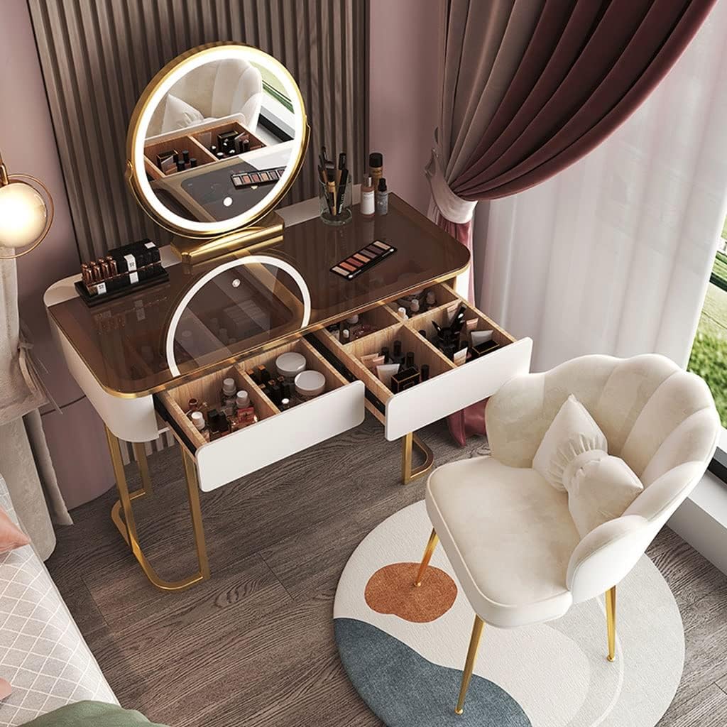 Vanity Benches Dresser Set Bedroom Modern Dresser Simple Small Apartment Dresser with LED Round Mirror, Stool, Two Drawers (Color : A)