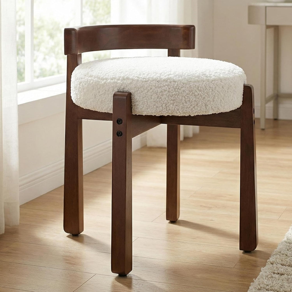 HNY Modern Boucle Ottoman : Upholstered Vanity Chair with Solid Wood Legs, Cute Round Footrest for Bedroom & Living Room, White