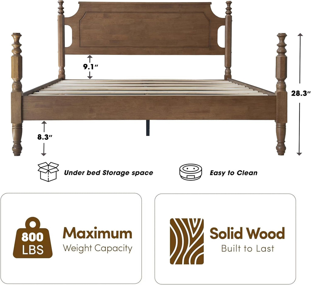 Solid Wood Queen Size Bed Frame with Headboard & Footboard, 12 Strong Slats, Center Metal Legs, Anti-Slip & Noise-Free Design, No Box Spring Needed, Quick Assemble, Barnwood Finish, ROQ-30