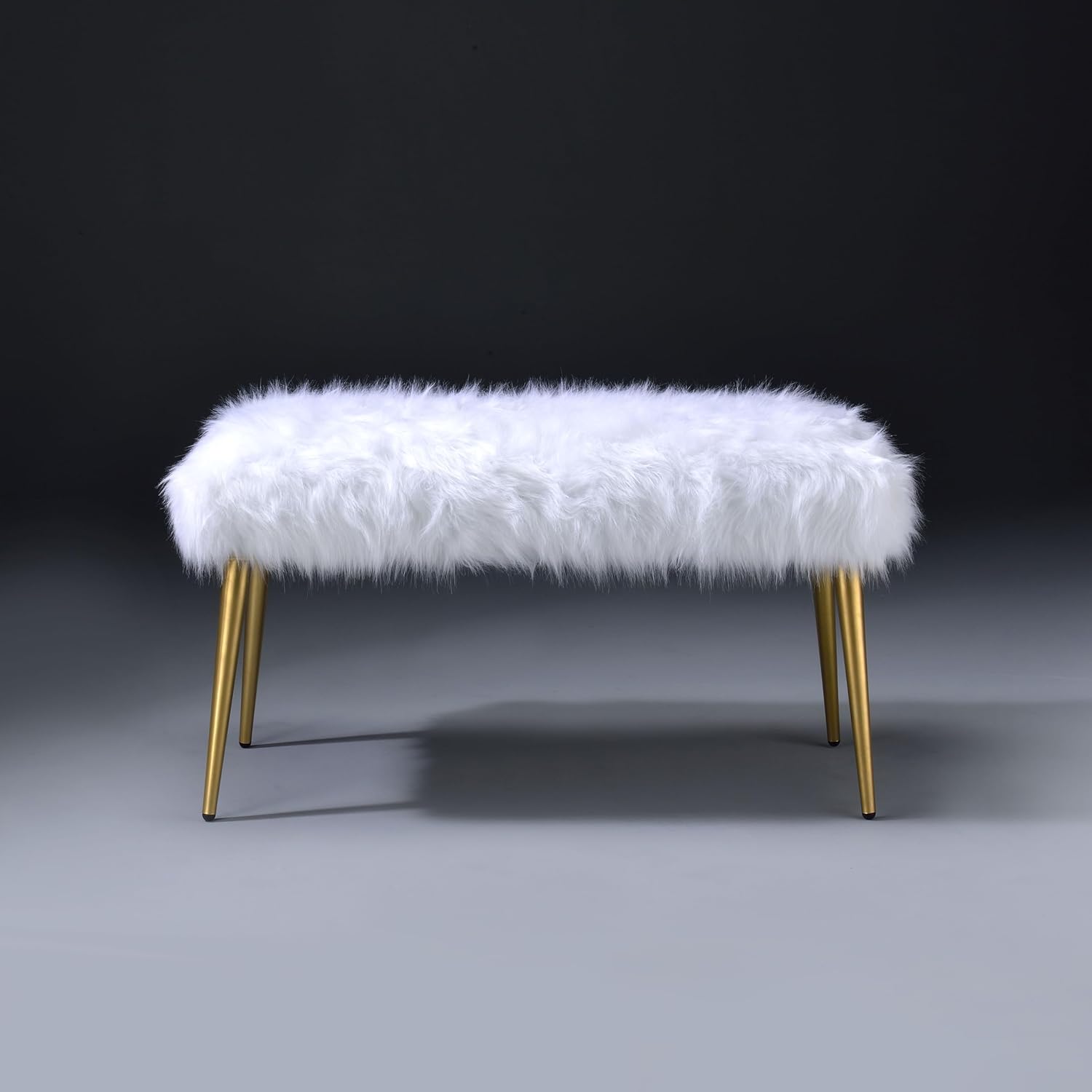White and Gold Bench with Faux Fur Seat, 38.5-Inch Glam Entryway Bench with Straight Gold Legs, Cozy Upholstered Vanity Bench for Bedroom Living Room Hallway