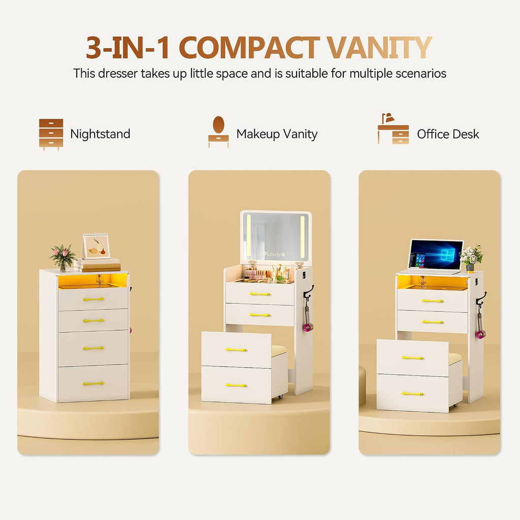 3 in 1 Vanity Desk with Flip up Mirror and Lights,Glass Top Makeup Vanity Table with Charging Station,LED Compact Dressing Table with 3 Drawer and Wheel Storage Stool for Bedroom(White)