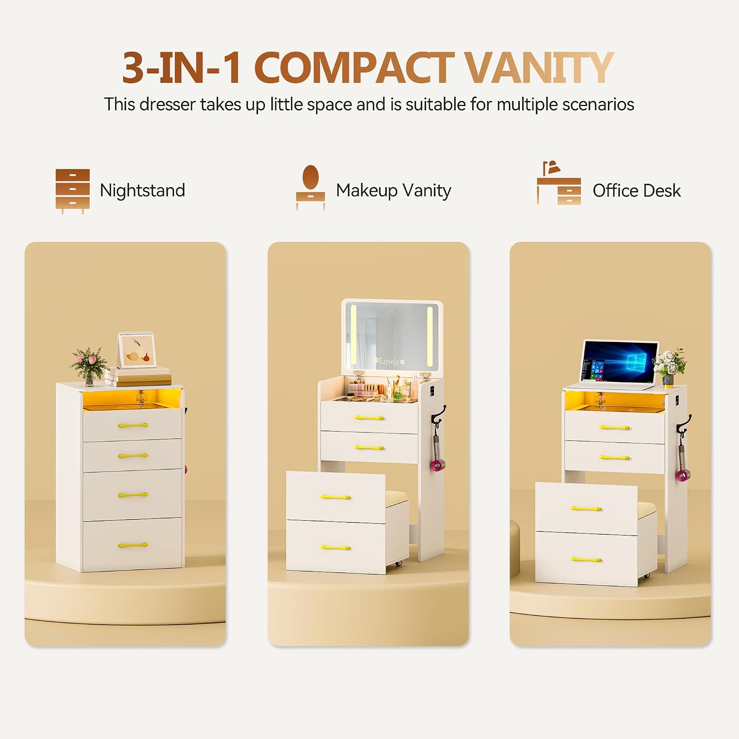 3 in 1 Vanity Desk with Flip up Mirror and Lights,Glass Top Makeup Vanity Table with Charging Station,LED Compact Dressing Table with 3 Drawer and Wheel Storage Stool for Bedroom(White)