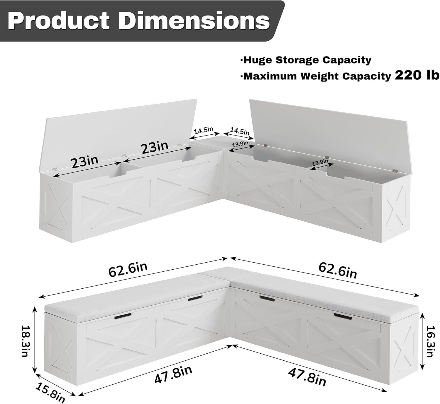Breakfast Nook Bench,L-Shaped Corner Stool with Cushion,Dining Bench with Storage Suitable for Dining Room, Cafes, Living Room,Handle-Less White