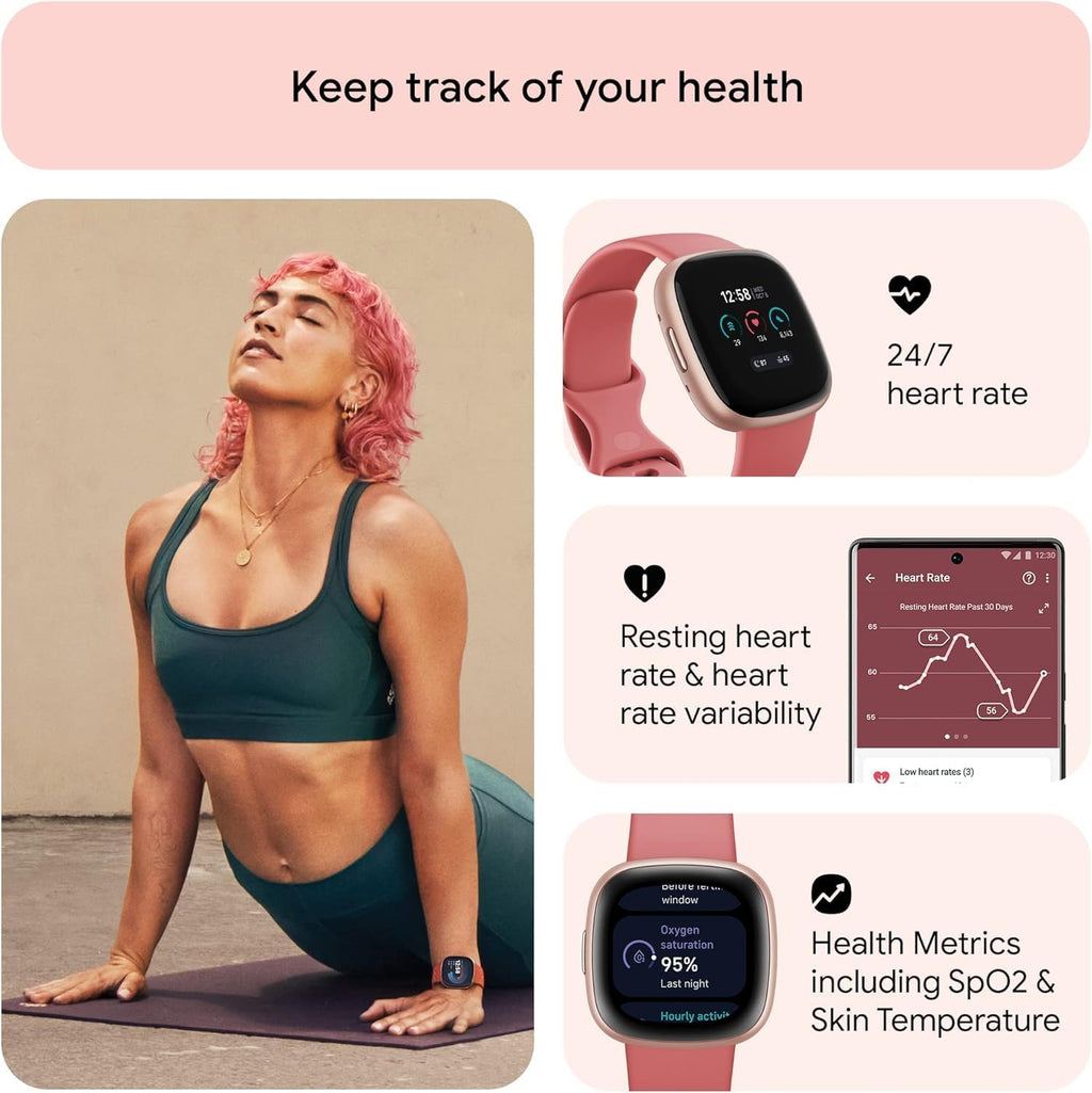 Fitbit 2 Pack Versa 4 Fitness Smartwatch with Daily Readiness, GPS, 24/7 Heart Rate, 40+ Exercise Modes, Fit Bit Smart Watch Pink Sand/Copper Rose Bundle with Cleaning Cloth and Charger