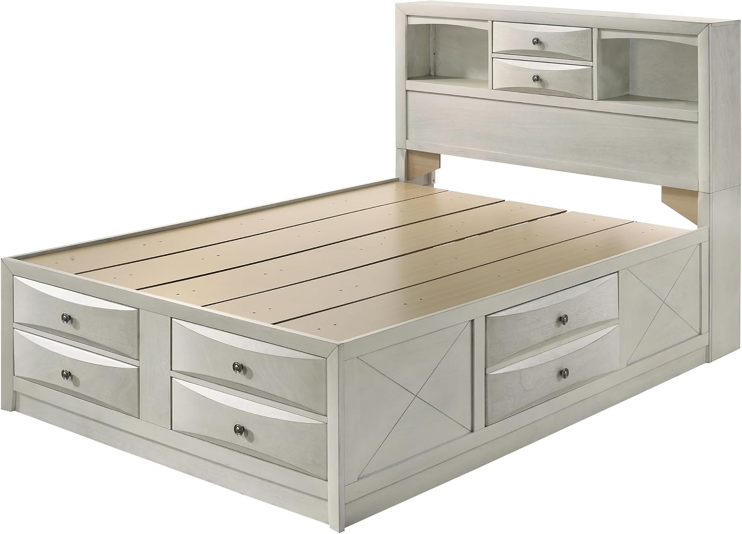 3pc Antique White Finish Bedroom Set Solid Wood Platform King Size Captain's Bed Wooden Furniture