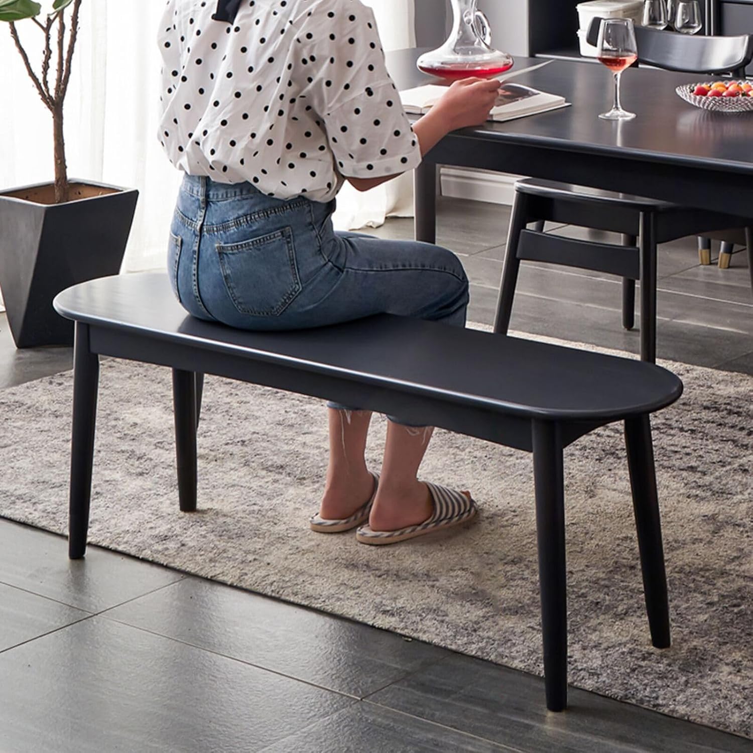 Mid Century Modern Dining Bench with Cushion, Narrow Entryway Bench with Rounded Corner, Solid Wood End of Bed Bench, Upholstered Bench for Dining Room Hallway Living Room Bedroom