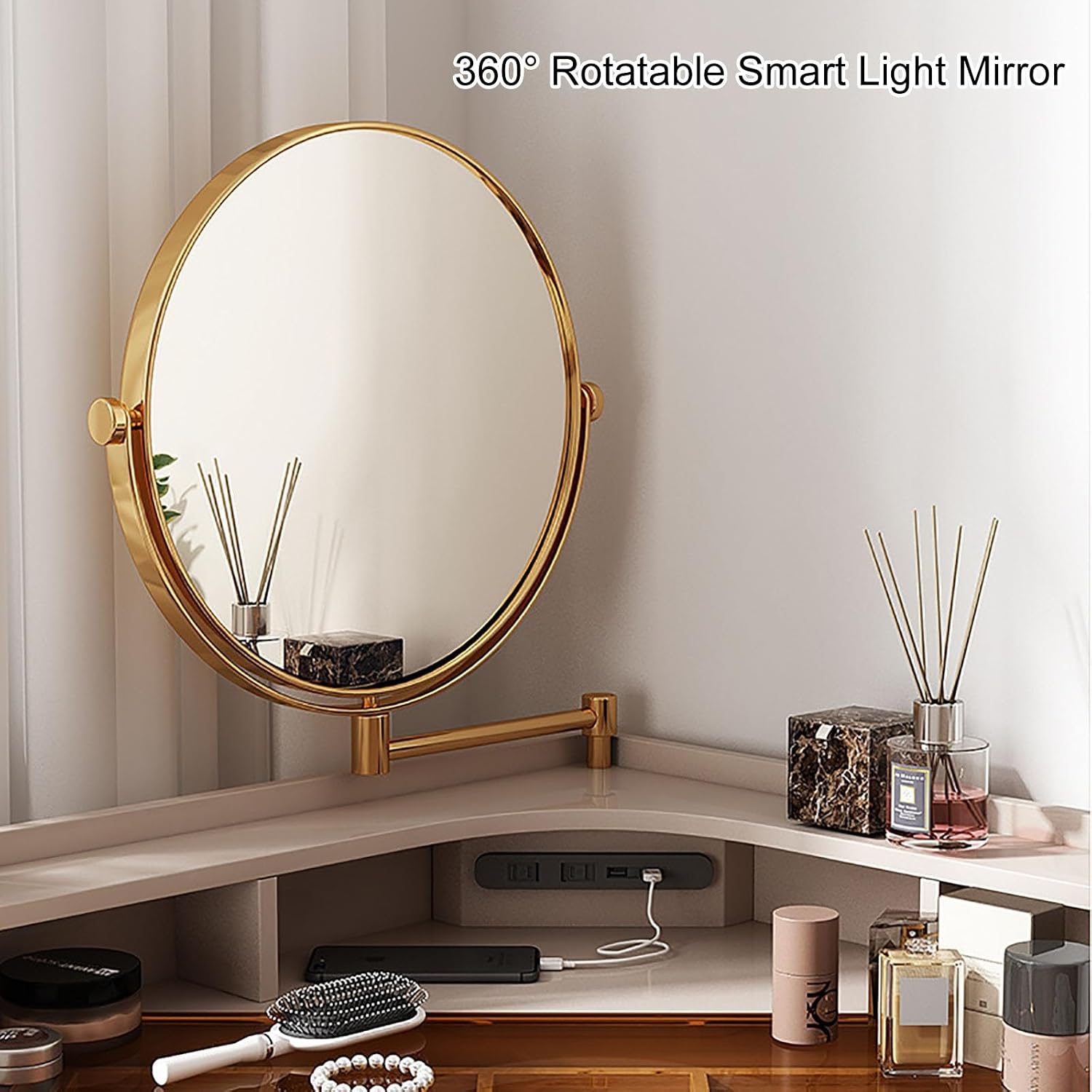 Corner Vanity Desk with Lighted Mirror, Makeup Dressing Table with Drawers, Cabinet and Cushioned Stool, Girls Vanity Desk for Dressing Room, Bedroom