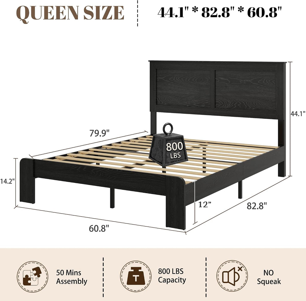 QNICE Wooden Bed Frame Queen Size with Headboard - Farmhouse Platform Bed Frame, Wood Slat Support, No Box Spring Needed & Easy Assembly with Large Under Bed Storage (Rustic Black)