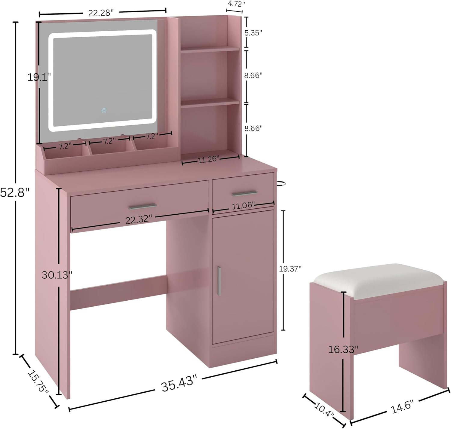 Roundhill Furniture Lavin Makeup Vanity Set, Vanity Desk with Stool, LED Light Mirror and Charging Station, Pink