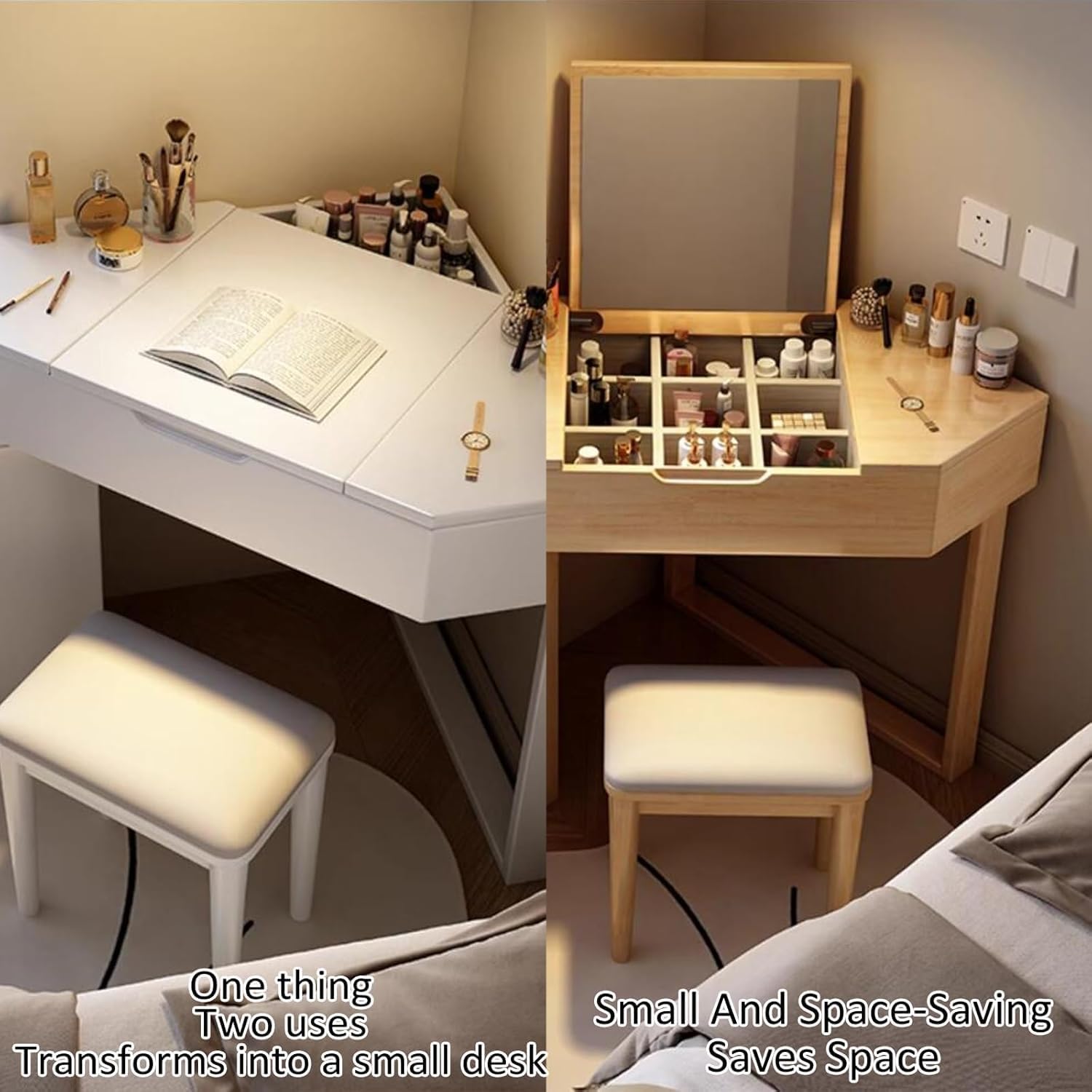 White,Corner Vanity Desk with Mirror, Wood Makeup Vanity with 3 Drawers, Vanity Desk with Side Cabinet, Large Vanity Table, Storage Bench, 70 * 70 * 75CM