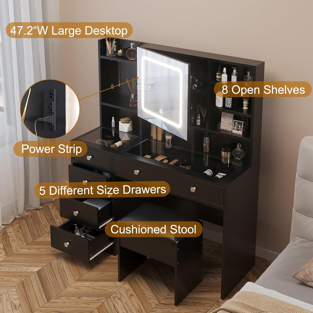 Karl home Makeup Vanity with Lighted Mirror Bedroom Vanity Desk with Charging Station Large Vanity Set with Transparent Desk, Drawers, Cabinet, Shelves for Storage in Bedroom, Black