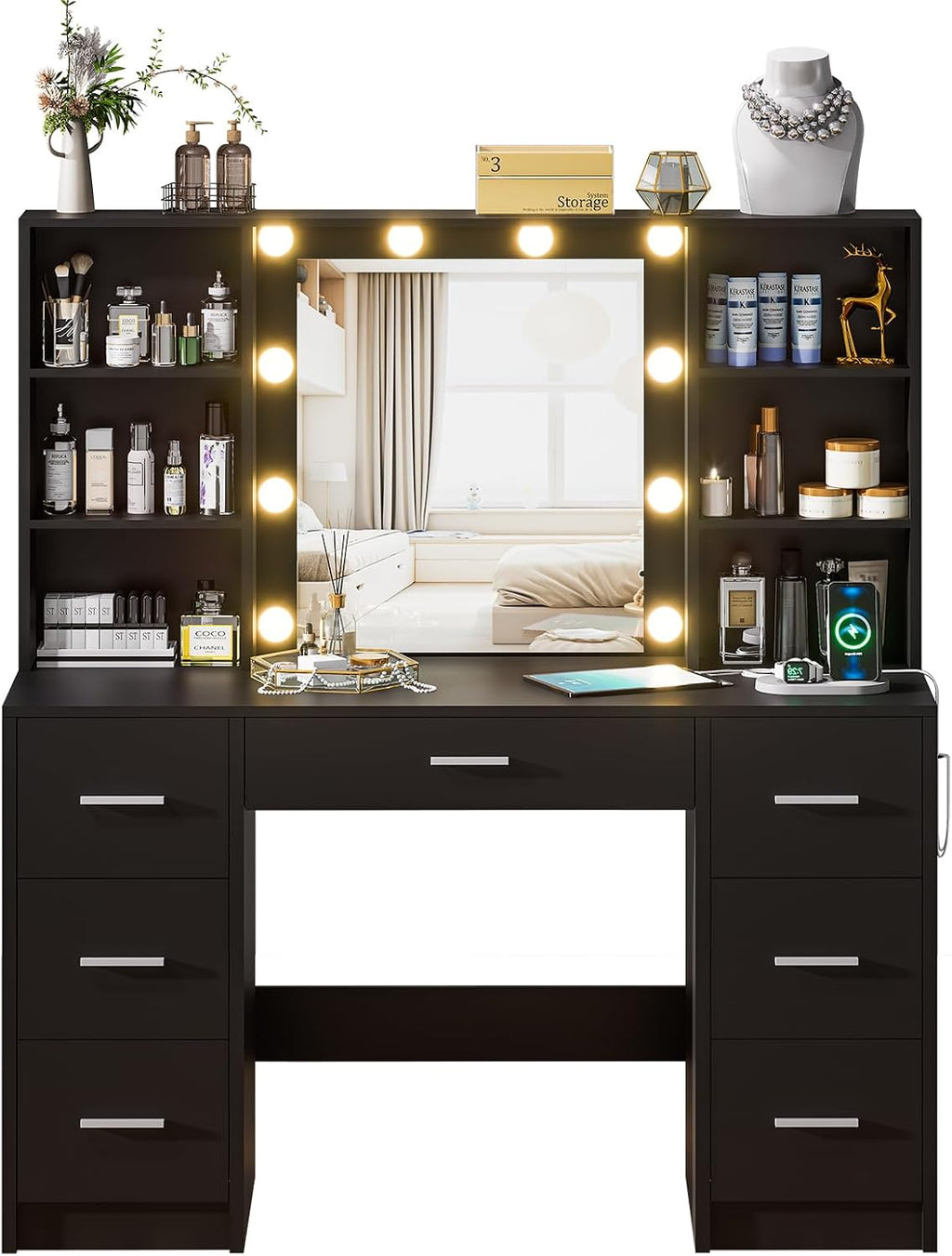 Black Vanity Desk with Mirror and Lights, 3 Lighting Modes Brightness Adjustable, Makeup Vanity Table with 7 Drawers, 6 Shelves and Power Outlet, Girls Vanity, Dressing Table for Bedroom