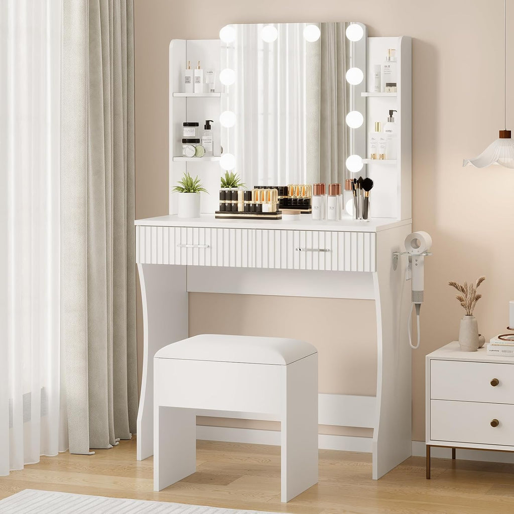 IDEALHOUSE Makeup Vanity Desk with Mirror and 12 LED Lights, White Vanity Table with Power Outlet, 2 Drawers, 6 Shelves, Hair Dryer Holder & Stool, Modern Dressing Table Furniture for Bedroom