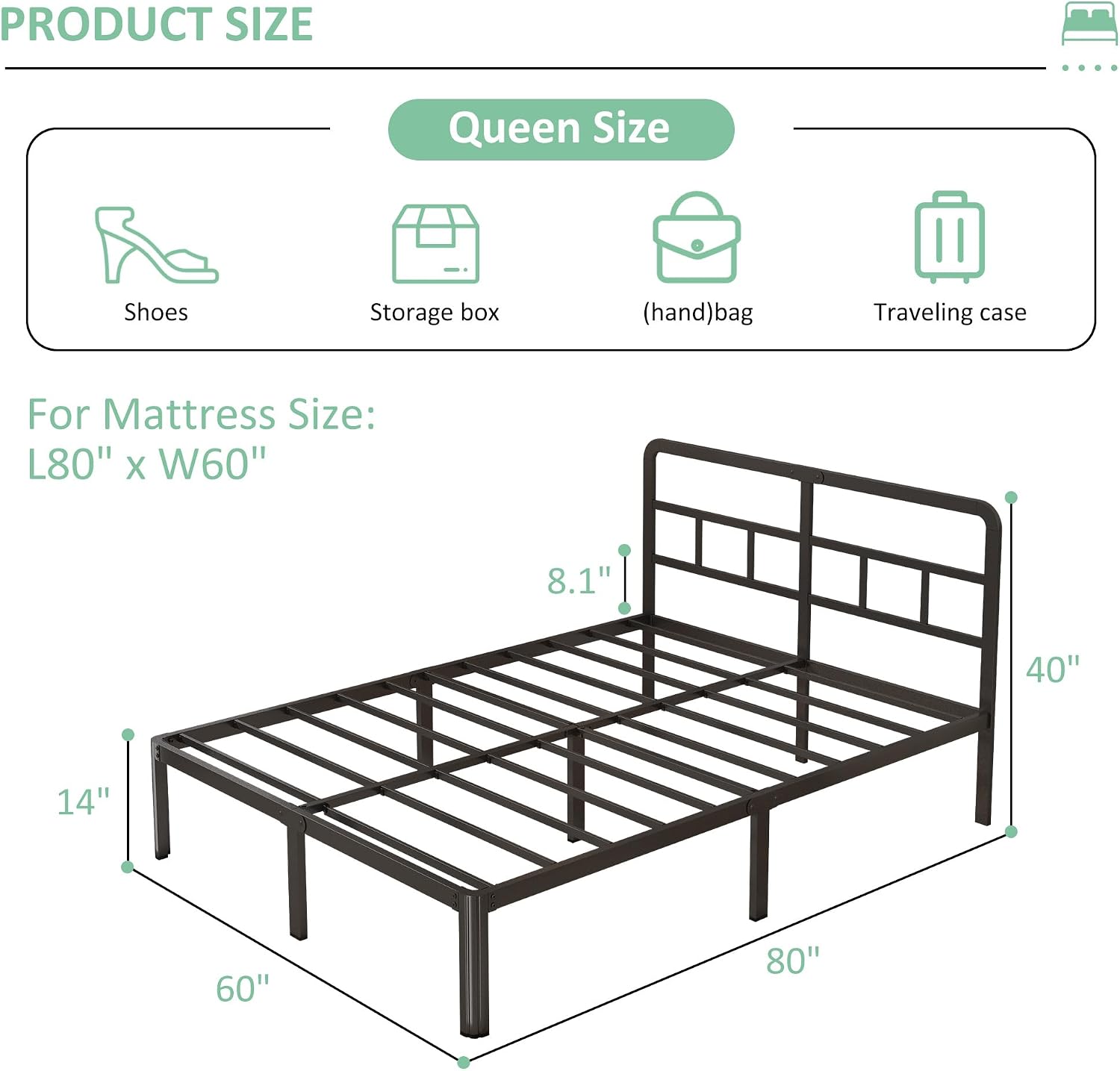 Yicensen 14 Inch Queen Bed Frame with Headboard, Heavy Duty Metal Queen Size Platform Bed Frame No Box Spring Needed with Rounded Corner Legs, Noise Free, Easy Assembly, Black