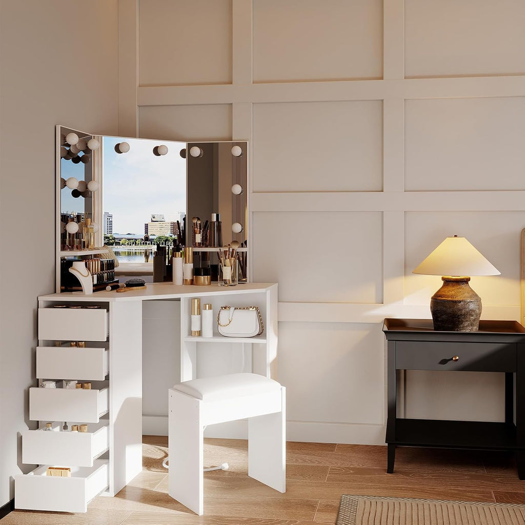 Corner Vanity Desk with Mirror and Lights, Makeup Table Set with Lighted Mirror, 3 Adjustable Lighting Colors, Cushioned Stool, 5 Drawers, Bedroom Dressing Table for Women Girls, White